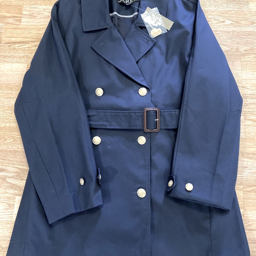 J Crew Trench Coat Navy Gold Buttons NWT